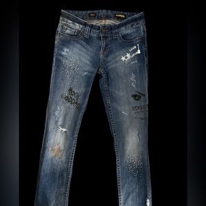 Express Sz:0 Stella Skinny Leg Distressed Blue Jeans With Crystals